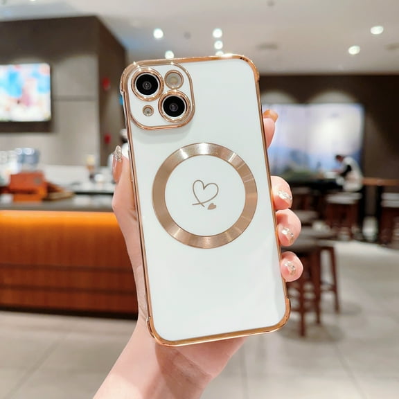 SaniMore Case for iPhone 14 Plus 6.7" 2022, Plaitng Bumper with Stylish Cute Love Heart Ultra-slim Lightweight Magnetic Shell [Wireless Charging] Lens All-inclusive Full Protective Cover, White