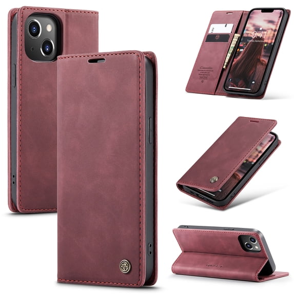 SaniMore Case for iPhone 14 Plus 6.7" 2022, Premium PU Leather Magnetic Cover Card Slots Cash Pocket Flip Kickstand Shockproof TPU Shell Full Protective Business Retro Case for iPhone 14 Plus, Winered
