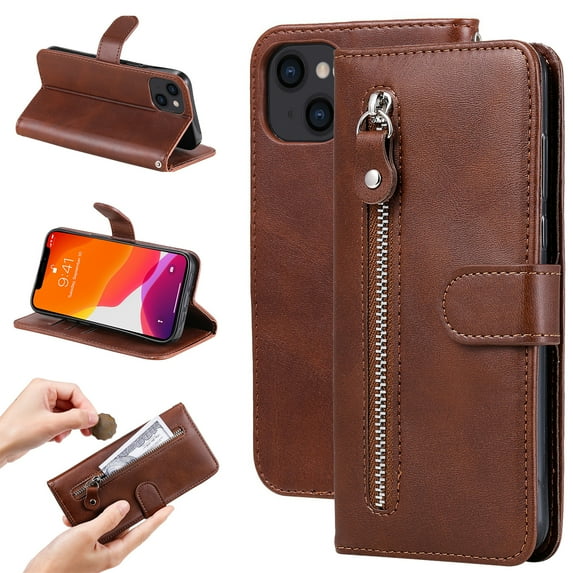 SaniMore Case for iPhone 14 Plus 6.7" 2022, Zipper Wallet Pocket Caed Slots Retro PU Leather Shockproof Drop-proof Flip Kickstand All-around Protective Shell For iPhone 14 Plus, Brown