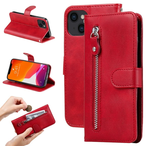 SaniMore Case for iPhone 14 Plus 6.7" 2022, Zipper Wallet Pocket Caed Slots Retro PU Leather Shockproof Drop-proof Flip Kickstand All-around Protective Shell For iPhone 14 Plus, Red
