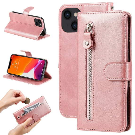 SaniMore Case for iPhone 14 Plus 6.7" 2022, Zipper Wallet Pocket Caed Slots Retro PU Leather Shockproof Drop-proof Flip Kickstand All-around Protective Shell For iPhone 14 Plus, Rosegold