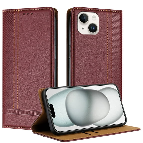 SaniMore Case for iPhone 14 Plus, Wear-resistant PU Leather Retro Durable TPU Shell Flip Folio Stand, Full Body Protection Magnetic Clasp Business Shell for iPhone 14 Plus(6.7" 2022), Winered