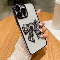 SaniMore Case for iPhone 14 Pro (6.1" 2022), Bling Glitter 3D Bowtie Diamond & Camera Glass Cover Protective Girly Shell Plsting Shockproof Bumper Anti--drop Clear Cover, Purple