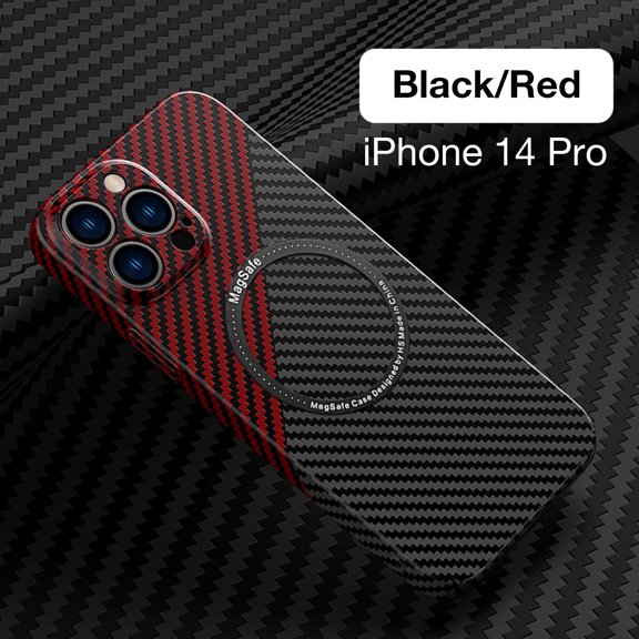SaniMore Case for iPhone 14 Pro 6.1" 2022, Carbon Fibre Texture Shockproof Anti-drop Anti-fingerprint Lens All-inclusive Heavy Duty Protective Wireless Charging Magnetic Case, Black & Red