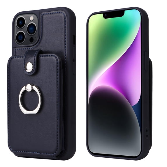 SaniMore Case for iPhone 14 Pro 6.1" 2022 with Card Holder & 360 Defree Rotating Ring Kickstand, RFID Blocking PU Leather Shockproof Anti-fall Protective Cover for iPhone 14 Pro, Darkblue
