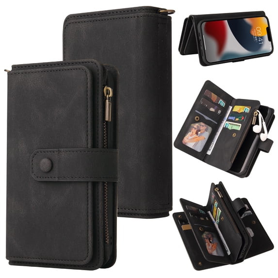 SaniMore Case for iPhone 14 Pro 6.1" 2022, PU Leather Case Zipper Wallet + Card Holder + Detachable Wrist Strap Kickstand Magnetic Clasp 360°Full Protective Shockproof Anti-drop Business Case, Black