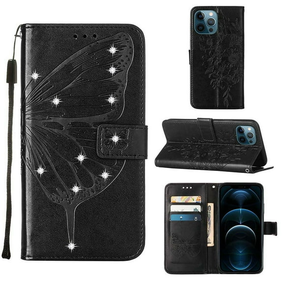 SaniMore Case for iPhone 14 Pro (6.1" 2022), PU Leather Luxury Embossed Butterfly Glitter Diamond [Wrist Strap & Card Slots & Flip Kickstand] Full-body Shockproof Wallet Cover, lack