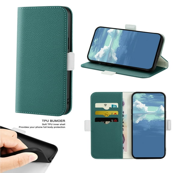 SaniMore Case for iPhone 14 Pro 6.1" 2022, Retro PU Leather Case Lychee Pattern Card Slots Cash Pocket Flip Kickstand Magnetic Clasp Wallet Business All-around Protective Case For iPhone 14 Pro, Green
