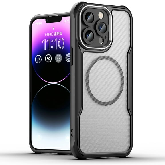 SaniMore Case for iPhone 14 Pro, Carbon Fibre Camera Protection Heavy Duty Drop Resistant Soft Shockproof Compatible with Mag-Safe Wireless Charging Magnetic Shell, Black
