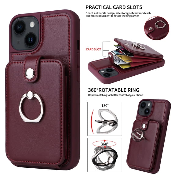 SaniMore Case for iPhone 14 Pro Max 6.7" 2022 with Card Holder & 360 Defree Rotating Ring Kickstand, RFID Blocking PU Leather Shockproof Anti-fall Protective Cover for iPhone 14 Pro Max, Winered