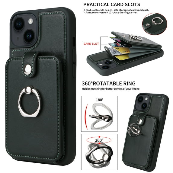 SaniMore Case for iPhone 14 Pro Max 6.7" 2022 with Card Holder & 360 Defree Rotating Ring Kickstand, RFID Blocking PU Leather Shockproof Anti-fall Protective Cover for iPhone 14 Pro Max, Darkgreen