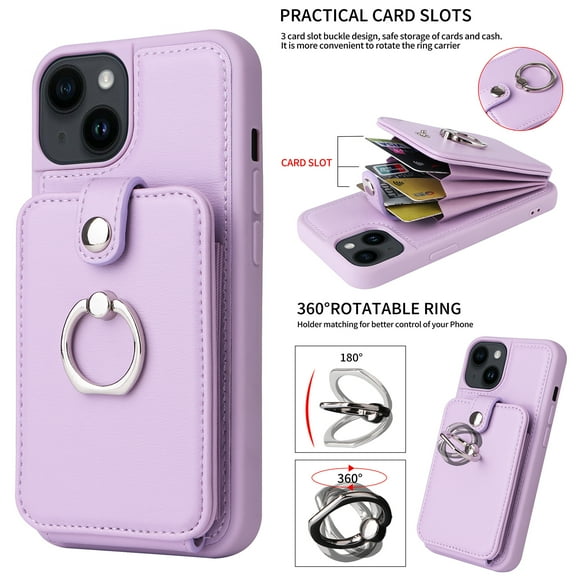 SaniMore Case for iPhone 14 Pro Max 6.7" 2022 with Card Holder & 360 Defree Rotating Ring Kickstand, RFID Blocking PU Leather Shockproof Anti-fall Protective Cover for iPhone 14 Pro Max, Purple