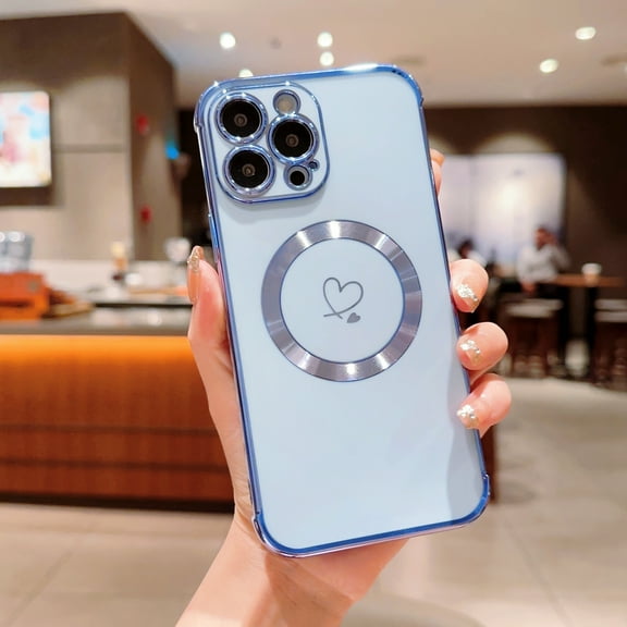 SaniMore Case for iPhone 14 Pro Max 6.7" 2022, Plaitng Bumper with Stylish Cute Love Heart Ultra-slim Lightweight Magnetic Shell [Wireless Charging] Lens All-inclusive Full Protective Cover, Blue