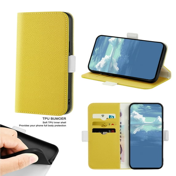 SaniMore Case for iPhone 14 Pro Max 6.7" 2022, Retro PU Leather Case Lychee Pattern Card Slots Cash Pocket Flip Kickstand Magnetic Clasp Wallet Business All-around Protective Case, Yellow