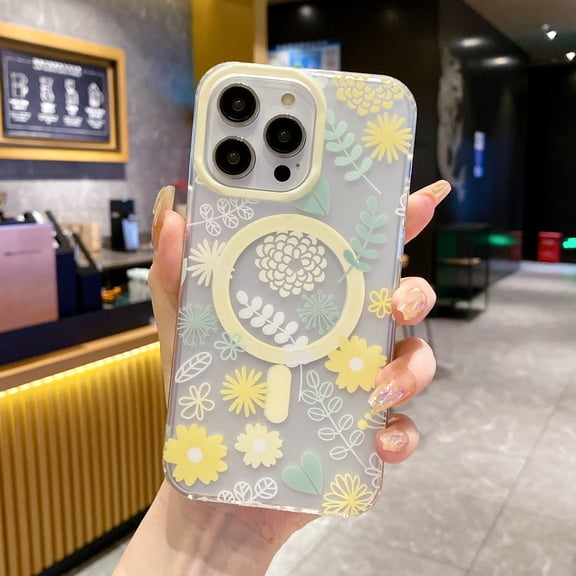 SaniMore Case for iPhone 14 Pro Max 6.7" 2022, Soft Shockproof Silicone Flower Series Magnetic Shell Lens All-inclusive Wireless Charging Slim Lightweight Anti-yellow Ultra-clear Cover, Pattern-G