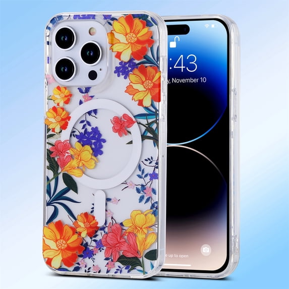 SaniMore Case for iPhone 14 Pro Max 6.7" 2022, Soft Shockproof TPU Flower Luxury Magnetic Shell Lens All-inclusive Wireless Charging Slim Lightweight Anti-yellow Girly Cover, Flower-D