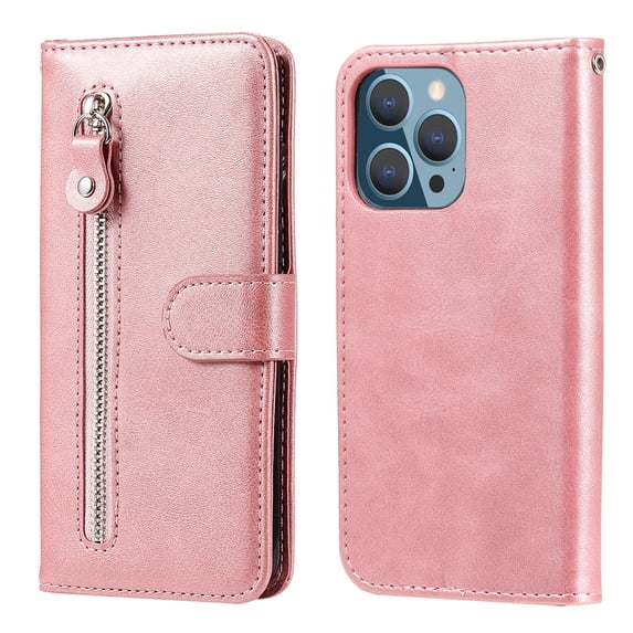 SaniMore Case for iPhone 14 Pro Max 6.7" 2022, Zipper Wallet Pocket Caed Slots Retro PU Leather Shockproof Drop-proof Flip Kickstand All-around Protective Shell For iPhone 14 Pro Max, Rosegold