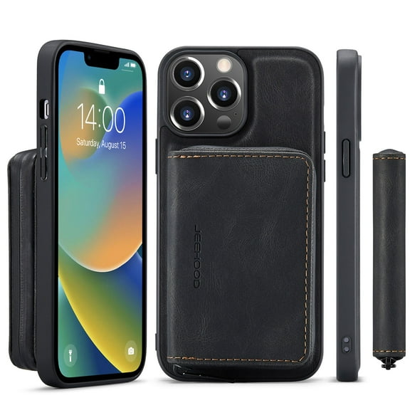 SaniMore Case for iPhone 14 Pro Max 6.7", PU Leather Case Detachable Magnetic Zipper Wallet Card Slots Kickstand Wireless Charging Anti-drop Shockproof 360° Protection Case, Black