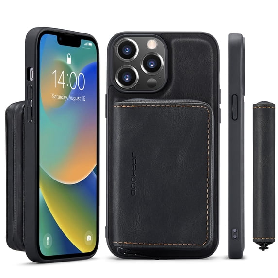 SaniMore Case for iPhone 14 Pro Max 6.7", PU Leather Case Detachable Magnetic Zipper Wallet Card Slots Kickstand Wireless Charging Anti-drop Shockproof 360° Protection Case, Black