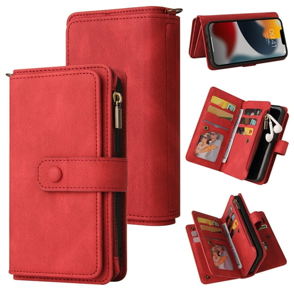 SaniMore Case for iPhone 14 Pro Max 6.7", PU Leather Case Zipper Wallet + Card Holder + Detachable Wrist Strap Kickstand Magnetic Clasp 360°Full Protective Shockproof Anti-drop Business Case, Red