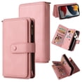 thumbnail image 1 of SaniMore Case for iPhone 14 Pro Max 6.7", PU Leather Case Zipper Wallet + Card Holder + Detachable Wrist Strap Kickstand Magnetic Clasp 360°Full Protective Shockproof Anti-drop Business Case, Pink, 1 of 12