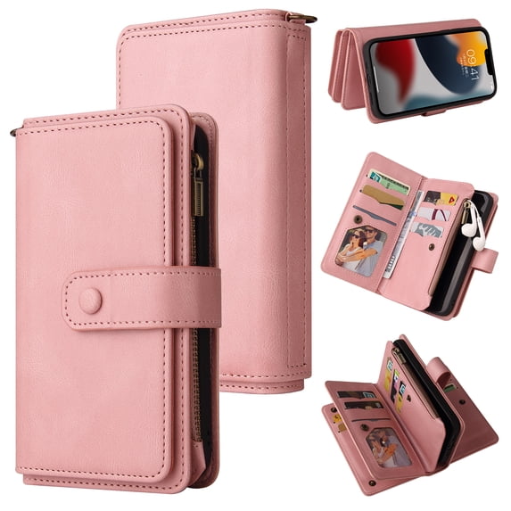 SaniMore Case for iPhone 14 Pro Max 6.7", PU Leather Case Zipper Wallet + Card Holder + Detachable Wrist Strap Kickstand Magnetic Clasp 360°Full Protective Shockproof Anti-drop Business Case, Pink