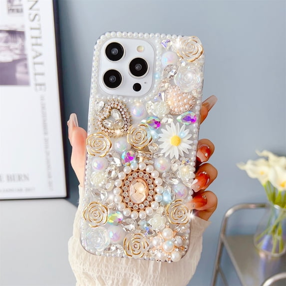 SaniMore Case for iPhone 14 Pro Max (6.7 inch 2022 Release), 3D Pearls & Flower Love Heart Backplane Luxury Sparkle Girly Protective Shockproof Anti-drop Silicone Clear 1For iPhone 14 Pro Max, Silver
