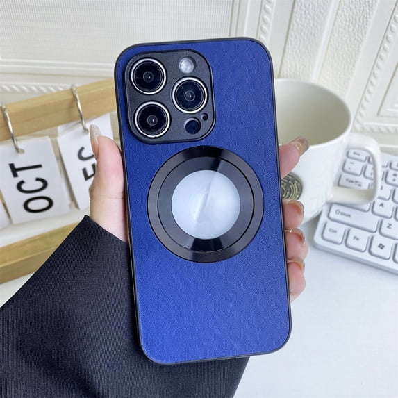 SaniMore Case for iPhone 14 Pro Max, Skin Feeling Vegan PU Leather Magnetic Logo View, Full Protection with Camera Frame, Wireless Charging, Shockproof Bumper Anti-scracth, Darkblue