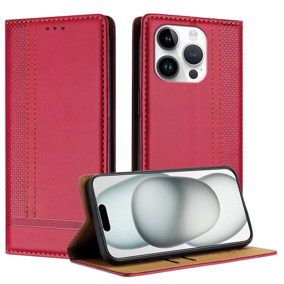 SaniMore Case for iPhone 14 Pro Max, Wear-resistant PU Leather Retro Durable TPU Shell Flip Folio Stand, Full Body Protection Magnetic Clasp Business Shell for iPhone 14 Pro Max(6.7" 2022), Red