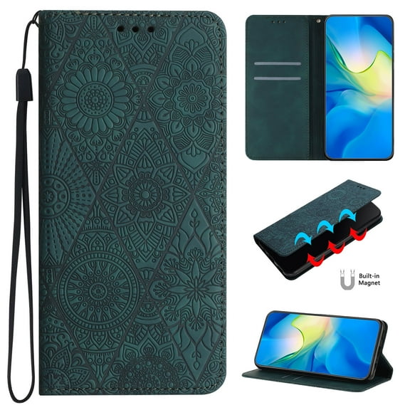 SaniMore Case for iPhone 15 6.1" 2023, [Card Slots + Cash Pocket + Removeable Wrist Strap] PU Leather Embossed Totem Girly Kickstand 360° All-around Protective Wallet Shell, Green