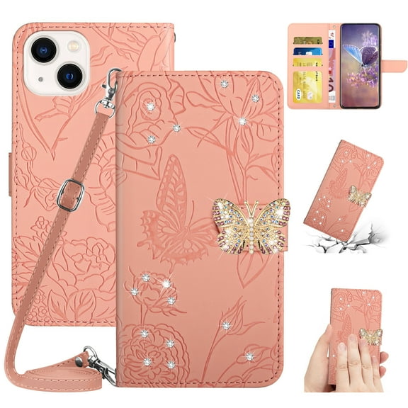 SaniMore Case for iPhone 15 6.1" 2023, [Crossbody/Wrist Lanyard] PU Leather Skin Embossed Butterfly [Diamond Clasp] Card Slots Kickstand Shockproof Shockproof Stylish Glitter Wallet Shell,Pink