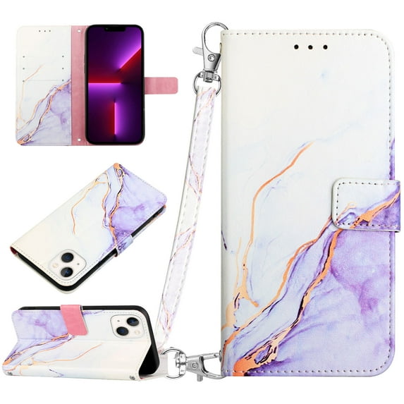 SaniMore Case for iPhone 15 6.1" 2023, PU Leather Case Luxury Marble Pattern Flip Kickstand Magnetic Clasp Cash Pocket Crossbody Lanyard Fashion Case for Girls Women, White Purple Marble