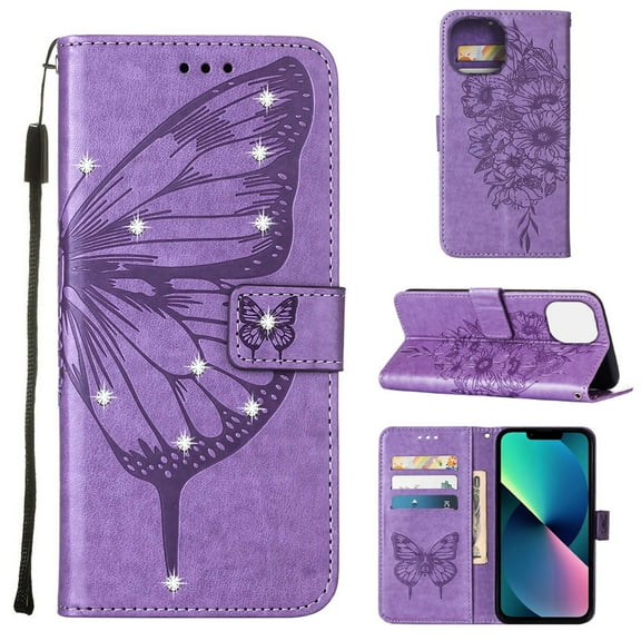 SaniMore Case for iPhone 15 (6.1" 2023), PU Leather Luxury Embossed Butterfly Glitter Diamond [Wrist Strap & Card Slots & Flip Kickstand] Full-body Shockproof Wallet Cover, Purple