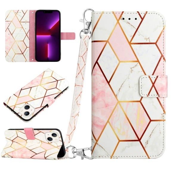 SaniMore Case for iPhone 15 6.1" 2023, PU Leather Case Luxury Marble Pattern Flip Kickstand Magnetic Clasp Cash Pocket Crossbody Lanyard Fashion Case for Girls Women, Pink White Grid Marble