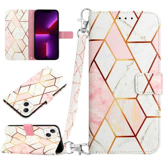 SaniMore Case for iPhone 15 6.1" 2023, PU Leather Case Luxury Marble Pattern Flip Kickstand Magnetic Clasp Cash Pocket Crossbody Lanyard Fashion Case for Girls Women, Pink White Grid Marble
