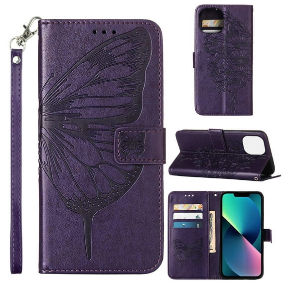 SaniMore Case for iPhone 15 (6.1" 2023), PU Leather Skin with Luxury Embossed Butterfly [Wrist Strap & Card Slots & Flip Kickstand] Full-body Shockproof Business Wallet Cover, Purple