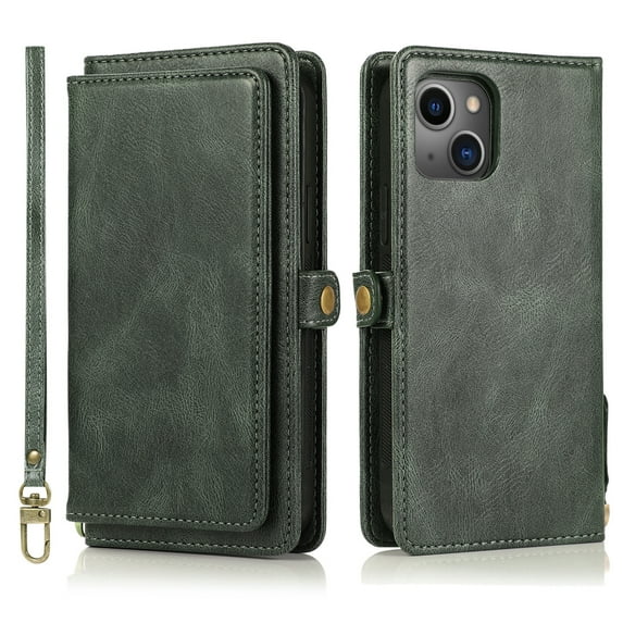 SaniMore Case for iPhone 15, Magnetic Detachable Wallet PU Leather 2-in-1 Functional Cover Buil-in Multiple Card Slots & Car Mount Wrist Strap Shockproof Protective Shell, Darkgreen