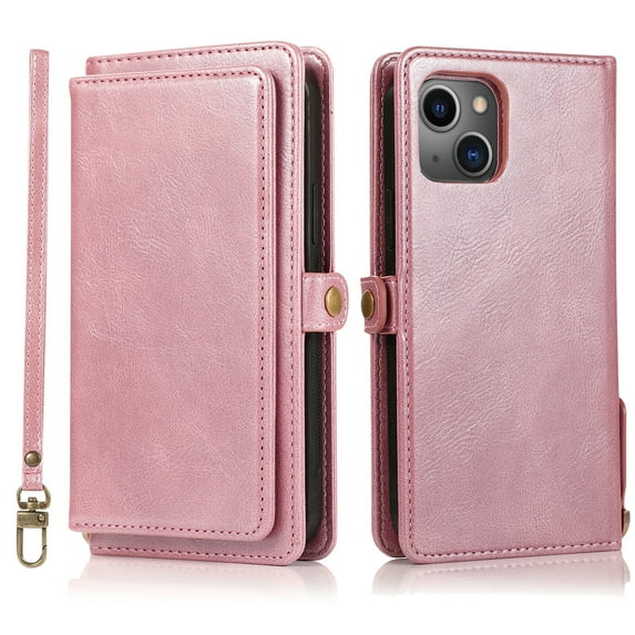 SaniMore Case for iPhone 15, Magnetic Detachable Wallet PU Leather 2-in-1 Functional Cover Buil-in Multiple Card Slots & Car Mount Wrist Strap Shockproof Protective Shell, Rosegold