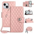 thumbnail image 1 of SaniMore Case for iPhone 15, PU Leather 3D Lattice Stylish for Girls Crossbody Lanyard Flip Kickstand Card Slots Cash Pocket Magnetic Clasp Full Body Protective Shockproof Wallet Shell, Coralpink, 1 of 9