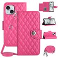 thumbnail image 1 of SaniMore Case for iPhone 15, PU Leather 3D Lattice Stylish for Girls Crossbody Lanyard Flip Kickstand Card Slots Cash Pocket Magnetic Clasp Full Body Protective Shockproof Wallet Shell, Rose, 1 of 9