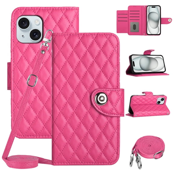 SaniMore Case for iPhone 15, PU Leather 3D Lattice Stylish for Girls Crossbody Lanyard Flip Kickstand Card Slots Cash Pocket Magnetic Clasp Full Body Protective Shockproof Wallet Shell, Rose