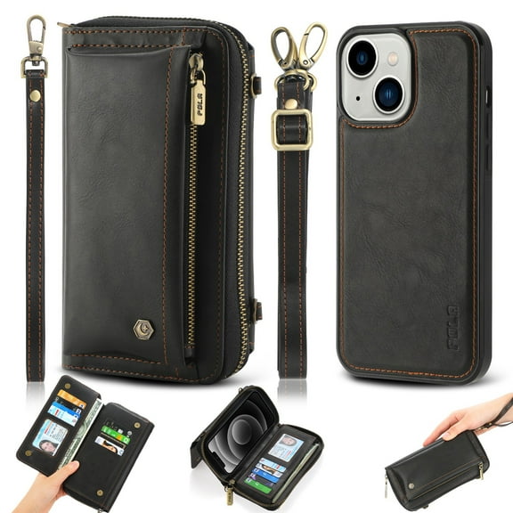 SaniMore Case for iPhone 15 Plus 6.7" 2023, [Crossbody Lanyard & Wrist Strap] 2 in 1 Zipper Wallet Case [Detachable] Card Holders Cash Pocket] Shockproof Anti-fall All-around Protective Cover, Black