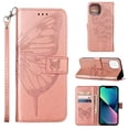 thumbnail image 1 of SaniMore Case for iPhone 15 Plus (6.7" 2023), PU Leather Skin with Luxury Embossed Butterfly [Wrist Strap & Card Slots & Flip Kickstand] Full-body Shockproof Business Wallet Cover, Rosegold, 1 of 7