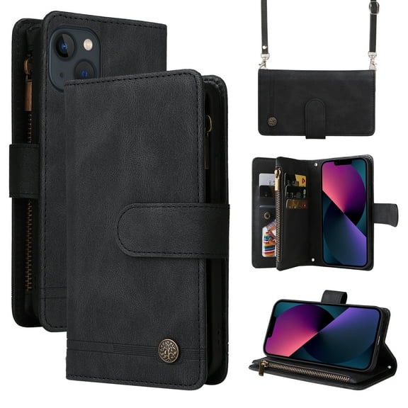 SaniMore Case for iPhone 15 Plus 6.7" 2023, PU Leather Zipper Wallet Cover with [RFID Blocking] Card Slot Magnetic Clsap Flip Folio with Wrist/Crossbody Strap Kickstand Full Protective Cover, Black