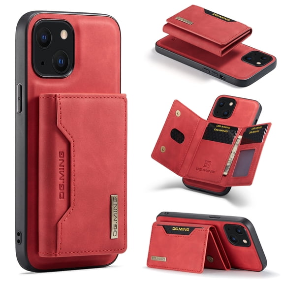 SaniMore Case for iPhone 15 Plus 6.7", Retro PU Leather Case Soft TPU Inner Detachable Magnetic Folding Card Pocket Flip Kickstand Anti-drop Shockproof Protectiive Cover, Red