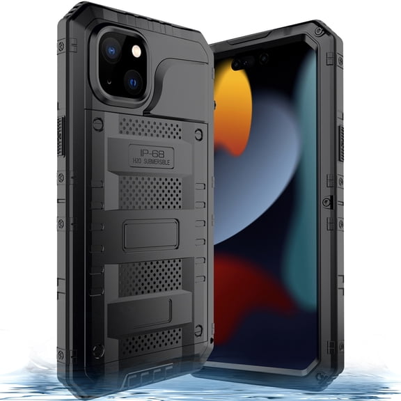 SaniMore Case for iPhone 15 Plus, Heavy Duty Protection IP68 Waterproof [Screen Protector] Shockproof Support Wireless Charging Hybird Silicone Metal Armor Miliary-Grade Drop-resistant Shell, Black