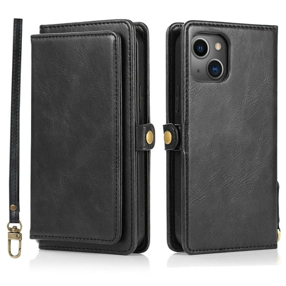 SaniMore Case for iPhone 15 Plus, Magnetic Detachable Wallet PU Leather 2-in-1 Functional Cover Buil-in Multiple Card Slots & Car Mount Wrist Strap Shockproof Protective Shell, Black