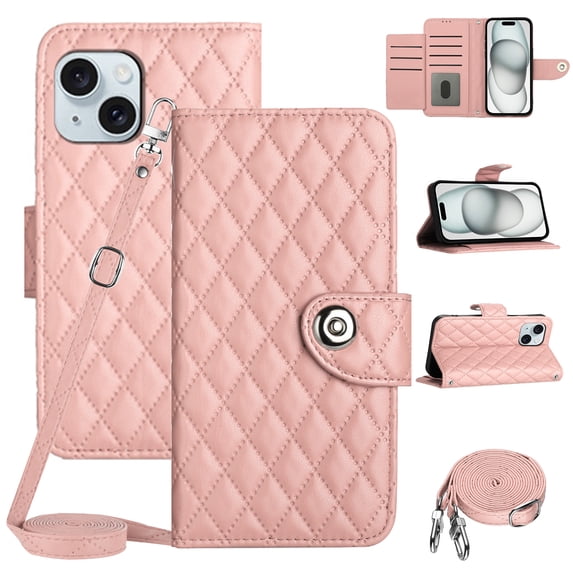 SaniMore Case for iPhone 15 Plus, PU Leather 3D Lattice Stylish for Girls Crossbody Lanyard Flip Kickstand Card Slots Cash Pocket Magnetic Clasp Full Body Protective Shockproof Wallet Shell, Coralpink