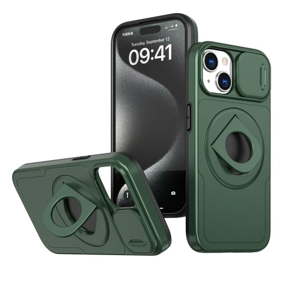 SaniMore Case for iPhone 15 Plus, Slidng Camera Window with Kickstand Holder, Magnetic Car Mount, Function Slim Fit Protection Shockproof Anti-fall Magnetic Cover for iPhone 15 Plus, Darkgreen
