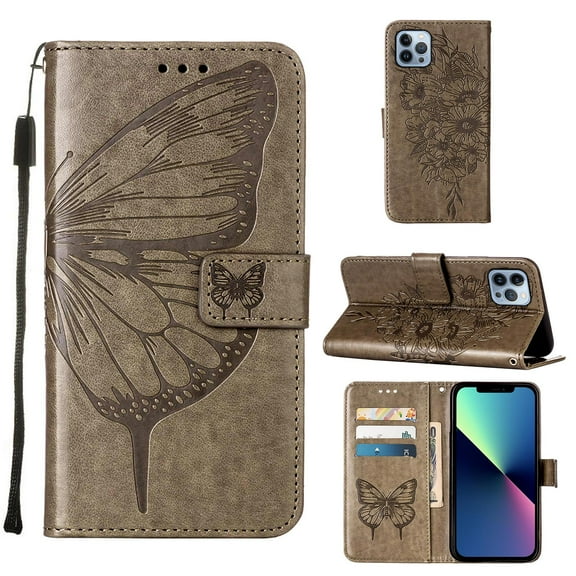 SaniMore Case for iPhone 15 Pro (6.1" 2023), PU Leather Full-body Protective Cover with Luxury Embossed Butterfly [Wrist Strap & Card Slots & Flip Kickstand] Shockproof Wallet Cover, Gray